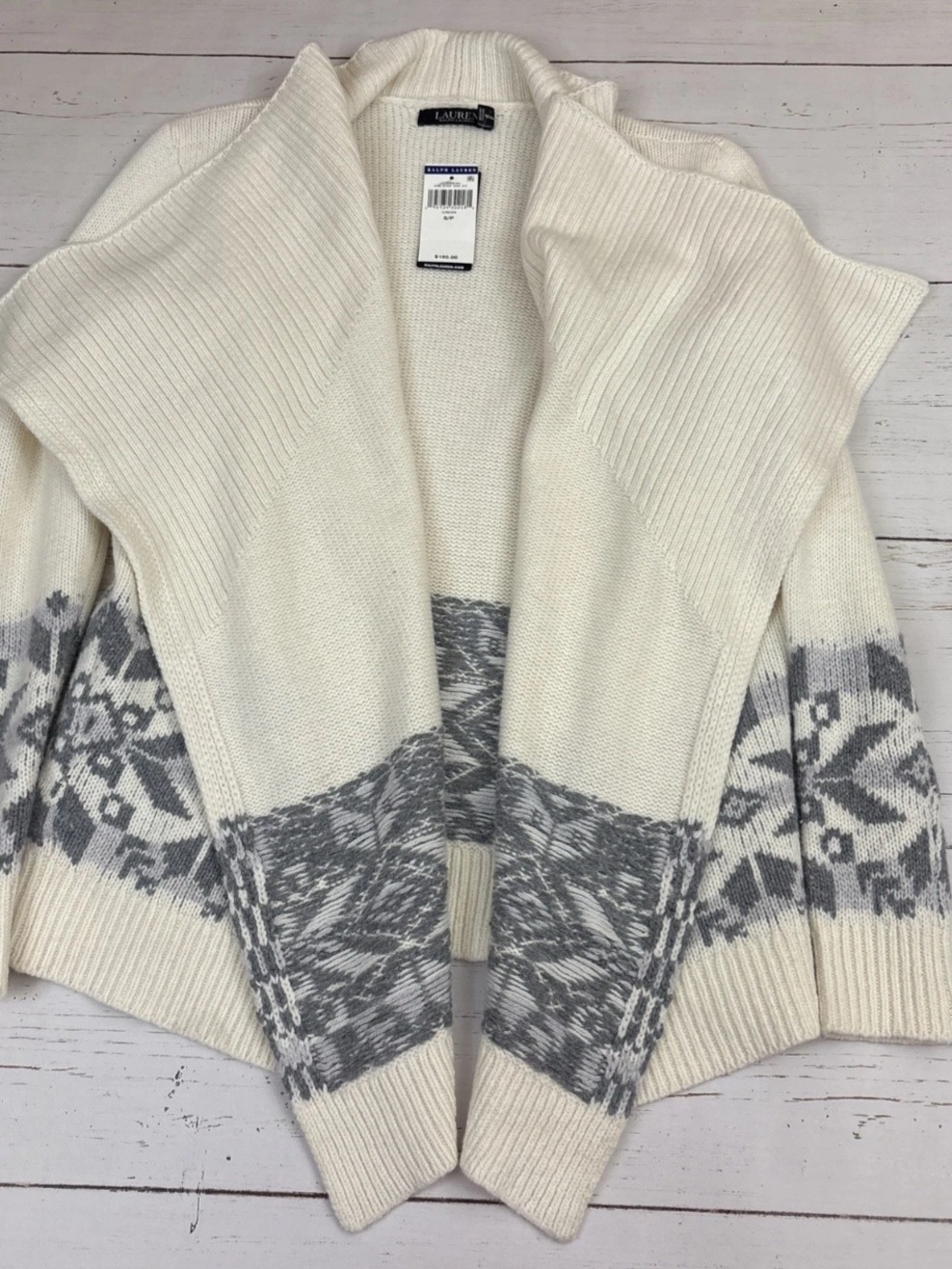 Ralph Lauren Open Front Cardigan Sweater Cream Fair Isle Shawl Collar Small NWT